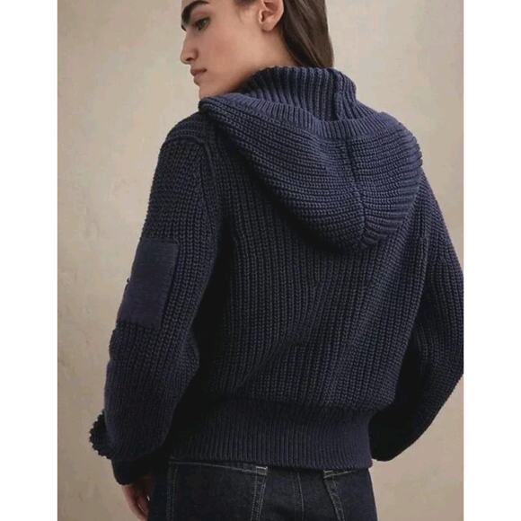 BANANA REPUBLIC Varo Ribbed Zip Crop Hooded Sweater Bomber XS Navy #509216-01 - Picture 2 of 13